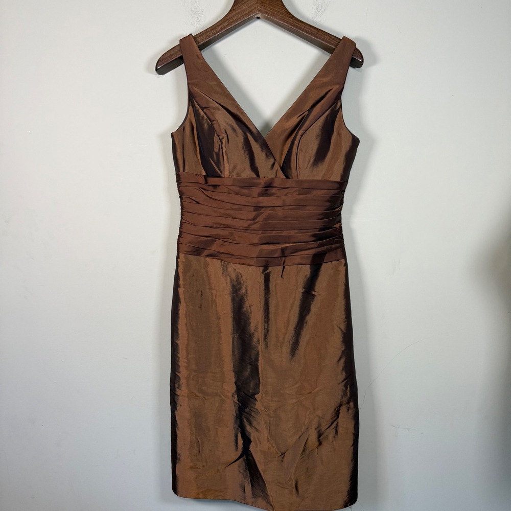 Me Too VTG Brown Satin Cocktail Surpliced V Neck Dress Size 12